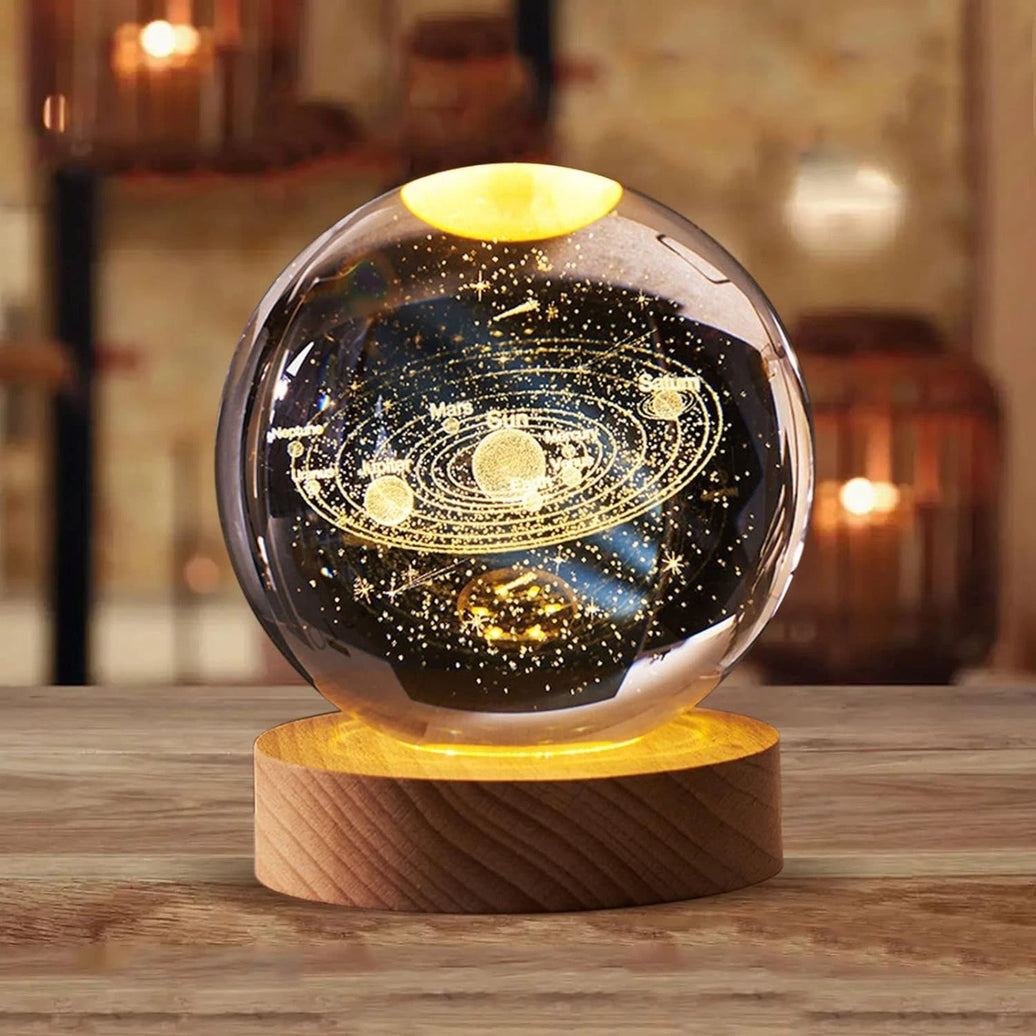 3D Solar System Crystal Ball Night Light with Wooden Base