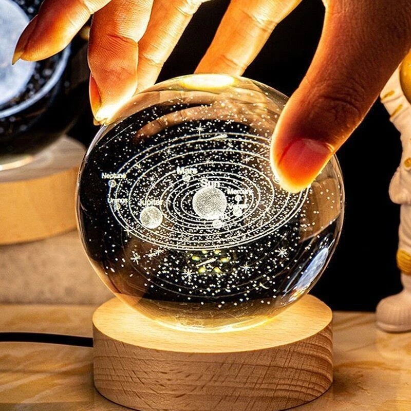 3D Solar System Crystal Ball Night Light with Wooden Base