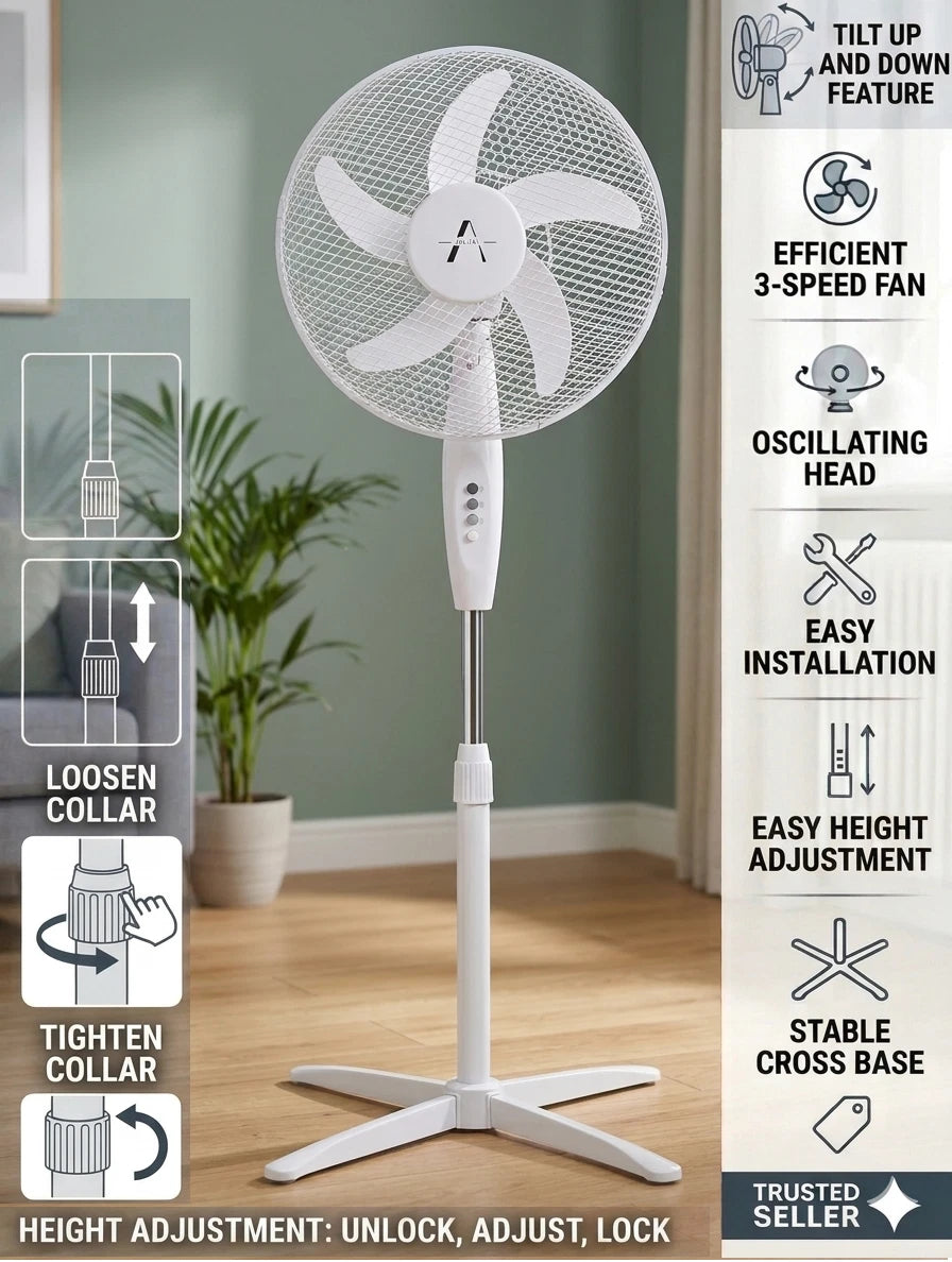 Alini 16-Inch Oscillating Pedestal Fan – 3 Speed, White