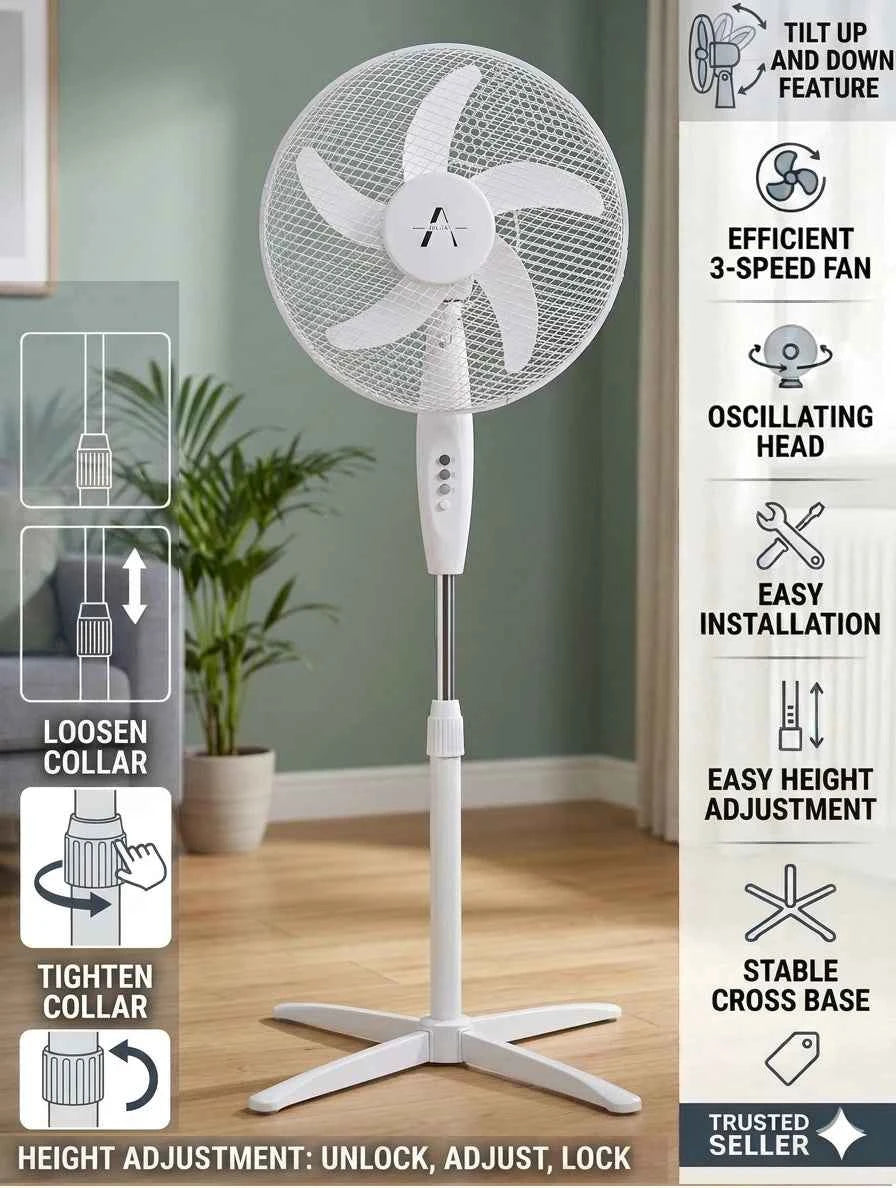 Alini 16-Inch Oscillating Pedestal Fan – 3 Speed, White