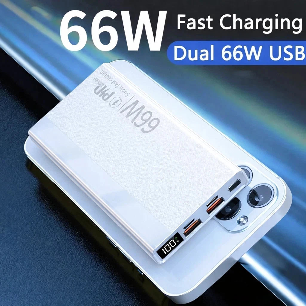 Power Bank 20000mah 66W Portable Fast Charger External Battery for USB Devices - White