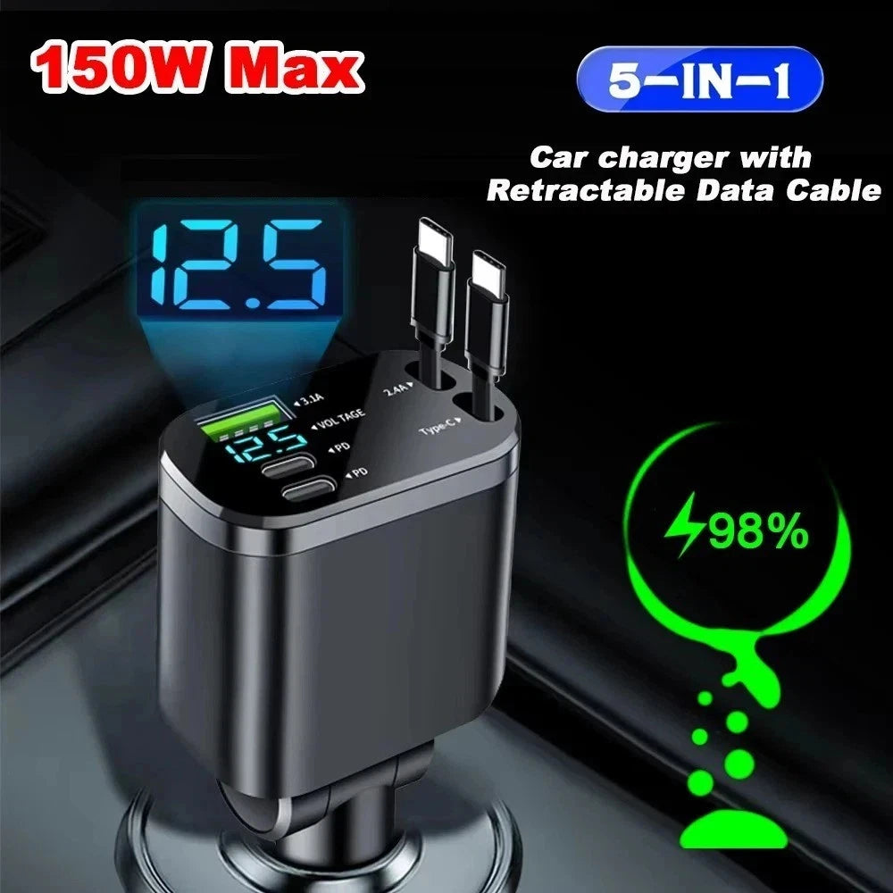 5-in-1 66W Retractable Car Charger with Digital Display & 2 Cables