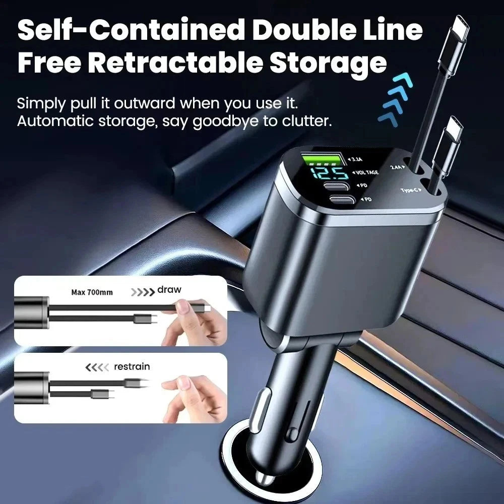 5-in-1 66W Retractable Car Charger with Digital Display & 2 Cables