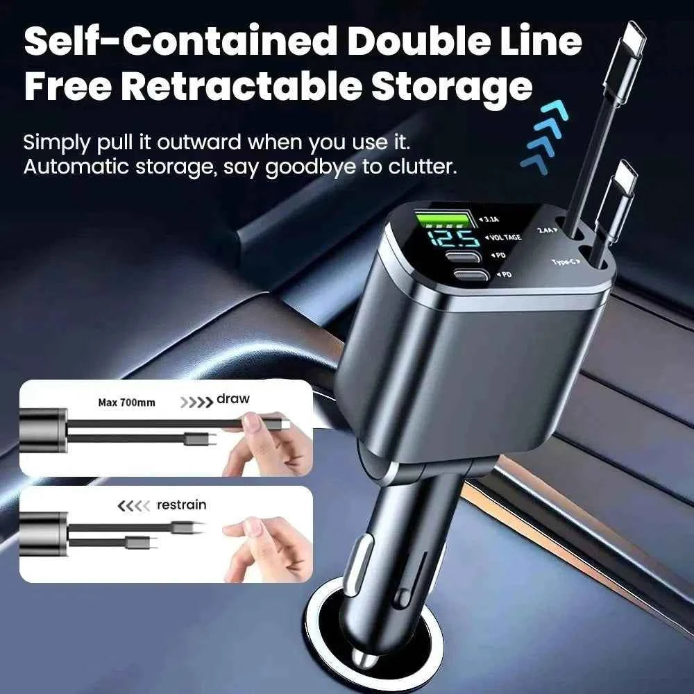 5-in-1 66W Retractable Car Charger with Digital Display & 2 Cables