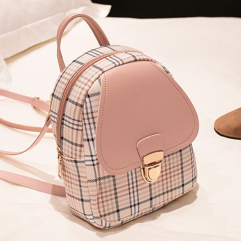 Ladies Check Lock Small Backpack One Shoulder Diagonal Handbag Coin Purse