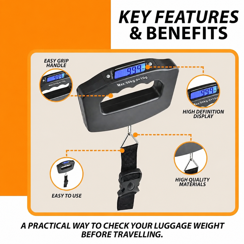 Digital Handheld Luggage Scale – 50kg Capacity, Black