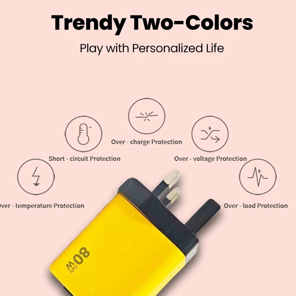 80w Gan Charger with Retractable Cable Type C 3 in 1 Fast Charging Multi Devices