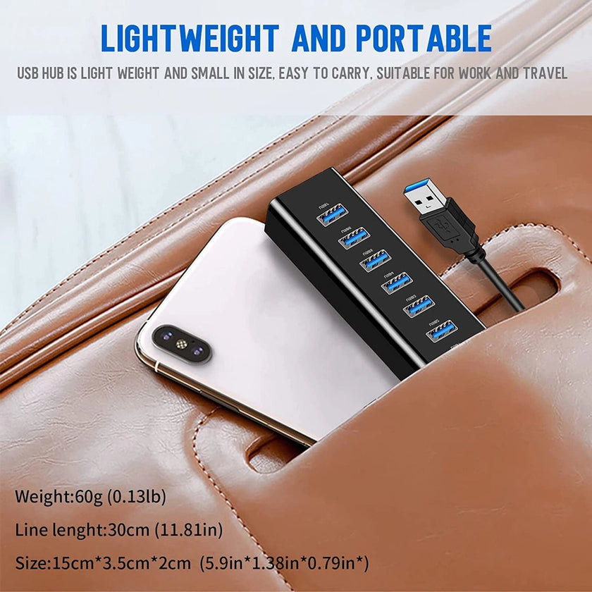 7 Port Hub USB 3.0 Extension Cable High Speed Multiple Adapter PC Laptop