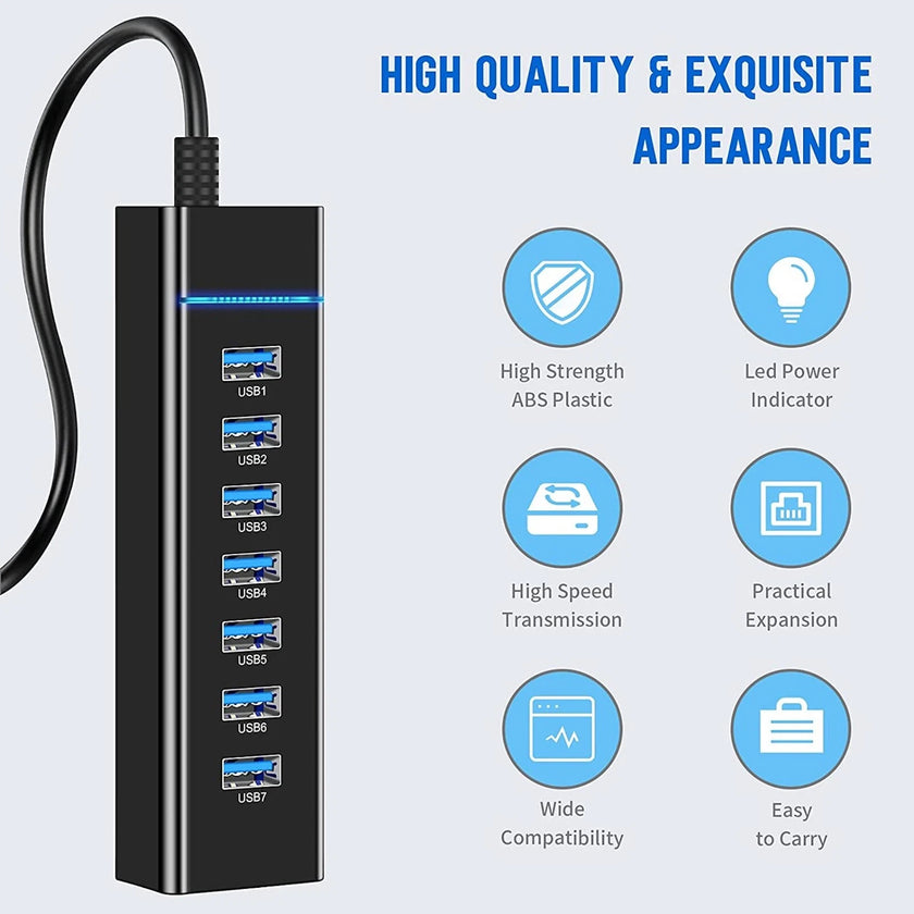 7 Port Hub USB 3.0 Extension Cable High Speed Multiple Adapter PC Laptop