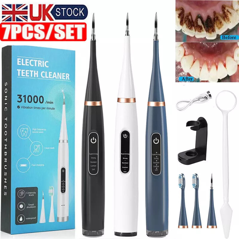 Electric Ultrasonic Teeth Stain Remover and Cleaner - 7 Piece Kit