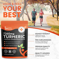 Turmeric Curcumin Tablets 7,260mg + Ginger + Black Pepper - 120 Tablets UK Made