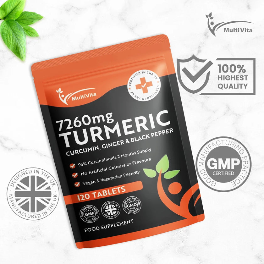 Turmeric Curcumin Tablets 7,260mg + Ginger + Black Pepper - 120 Tablets UK Made