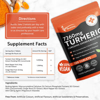 Turmeric Curcumin Tablets 7,260mg + Ginger + Black Pepper - 120 Tablets UK Made