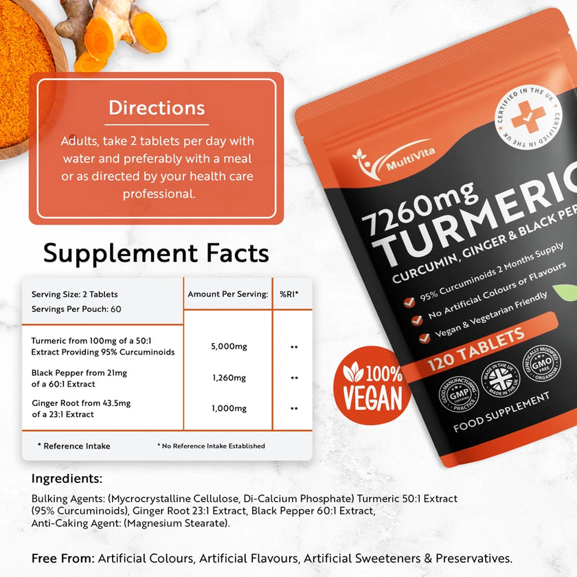 Turmeric Curcumin Tablets 7,260mg + Ginger + Black Pepper - 120 Tablets UK Made