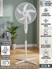 Alini 16-Inch Oscillating Pedestal Fan – 3 Speed, White