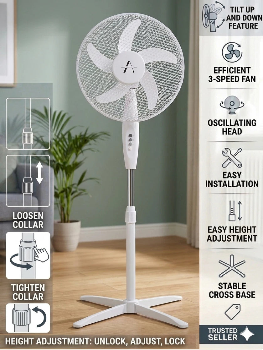 Alini 16-Inch Oscillating Pedestal Fan – 3 Speed, White