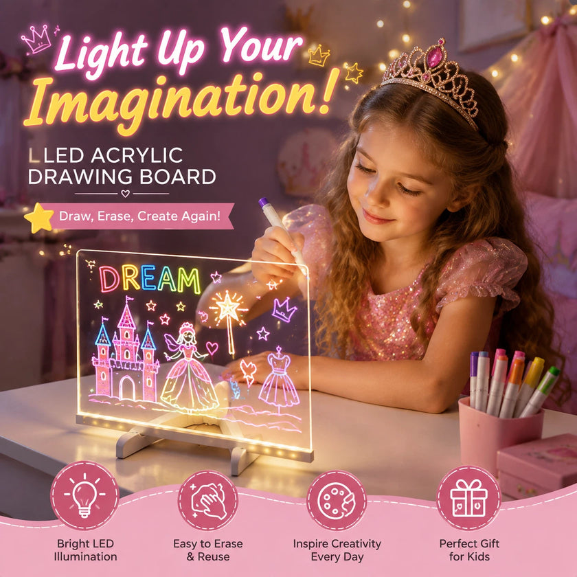 LED Acrylic Light-Up Message Board 7 Neon Pens Rewritable Drawing Tablet for Kids