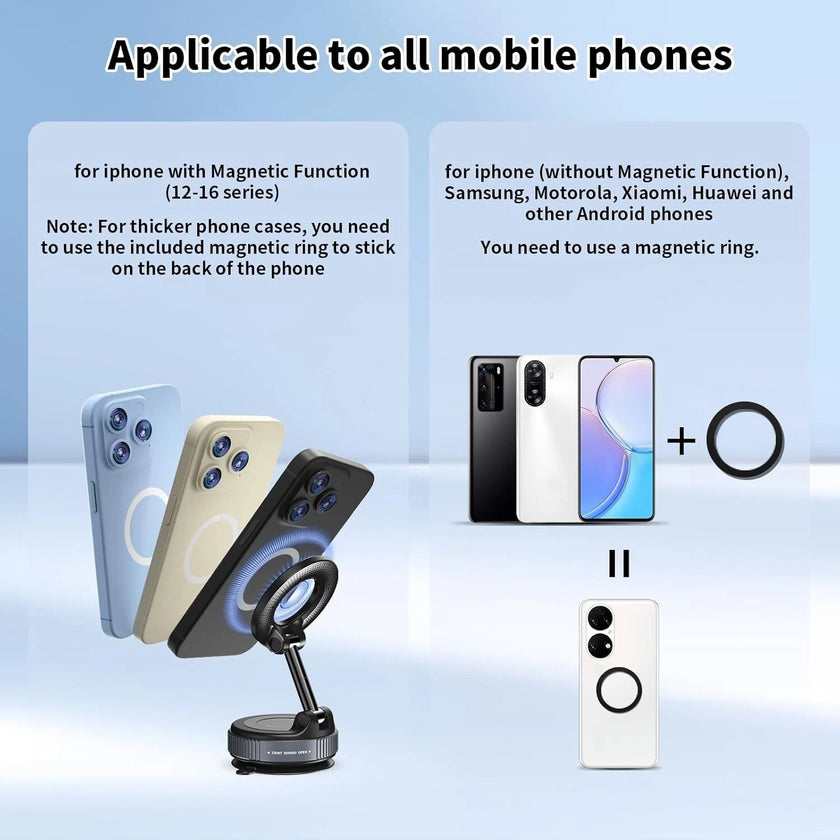 Foldable Vacuum Magnetic Car Phone Holder 360° Rotating Suction Cup Phone Mount
