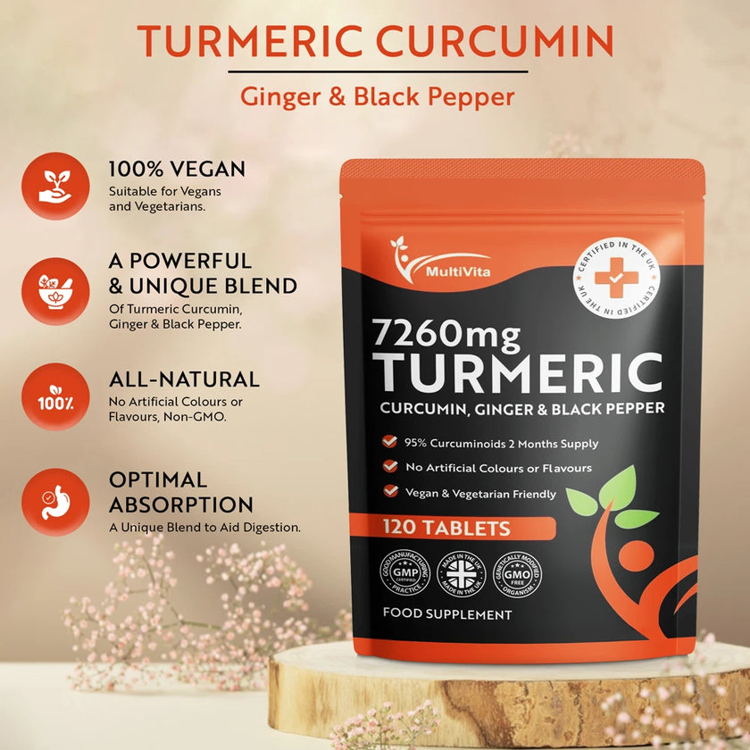 Turmeric Curcumin Tablets 7,260mg + Ginger + Black Pepper - 120 Tablets UK Made