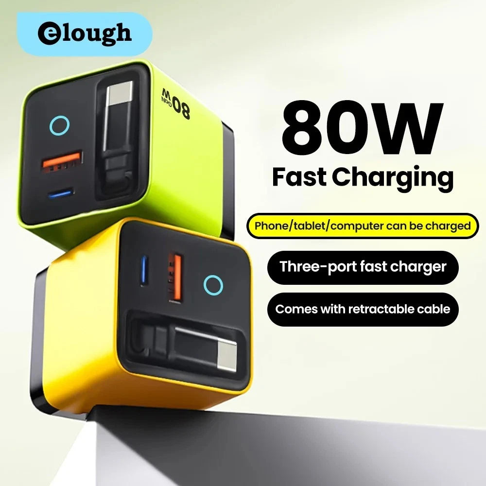 80w Gan Charger with Retractable Cable Type C 3 in 1 Fast Charging Multi Devices