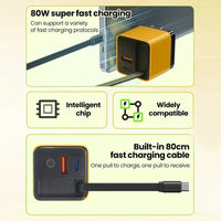 80w Gan Charger with Retractable Cable Type C 3 in 1 Fast Charging Multi Devices