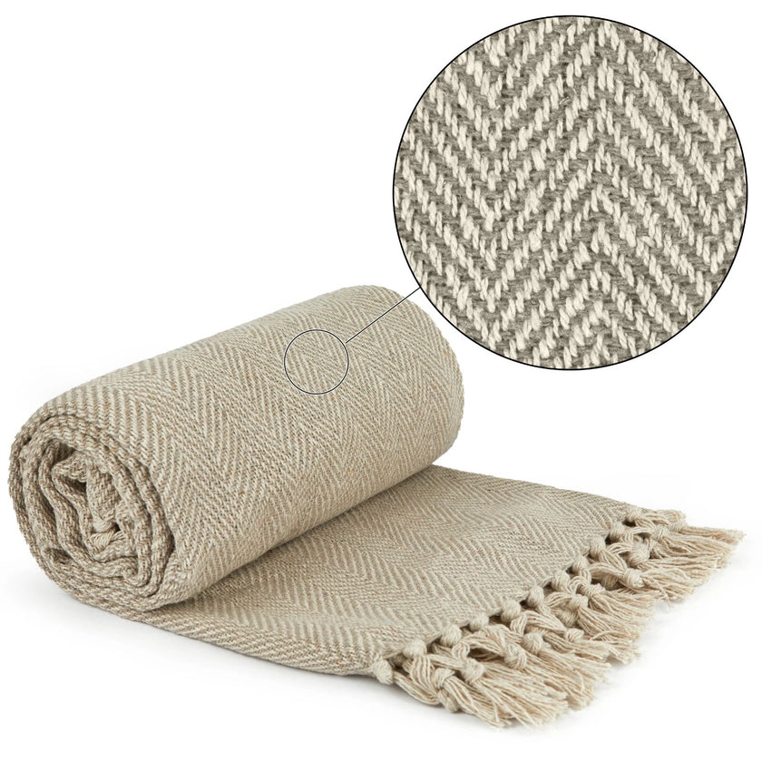 Emma Barclay Herringbone Recycled Cotton Throw – Natural, 127 × 152cm
